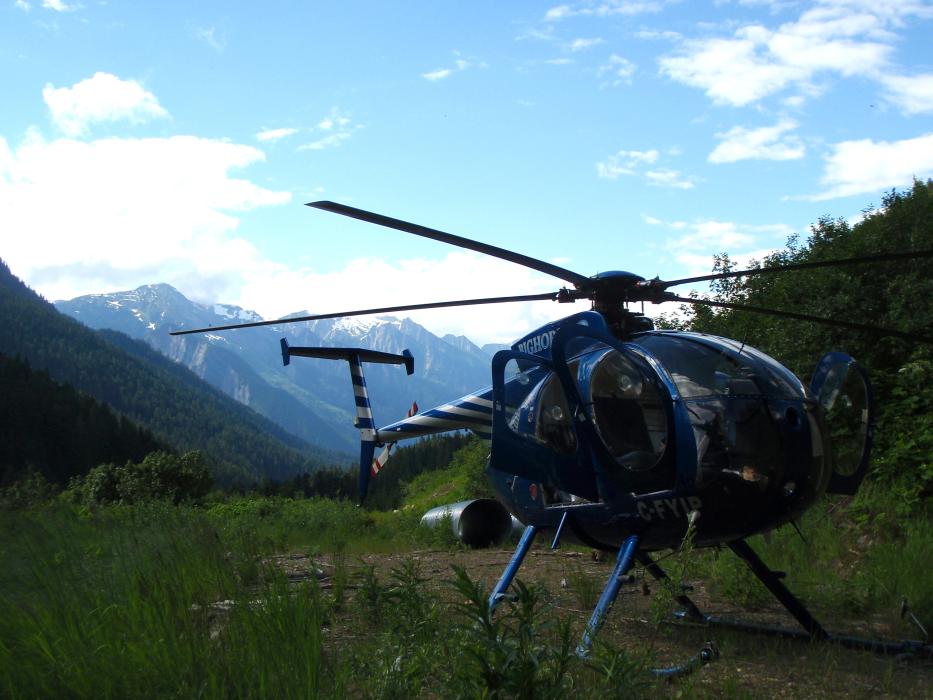 Helicopter standing by in a mountain meadow of southeast BC