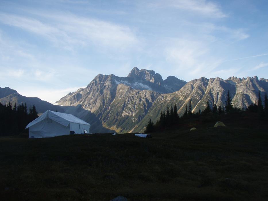 Exploration camp wall tent in the mountains of Northwest BC